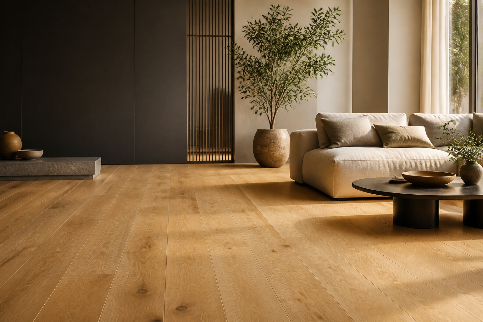 Doğal meşe tonlarında laminant parke döşenmiş modern salon
